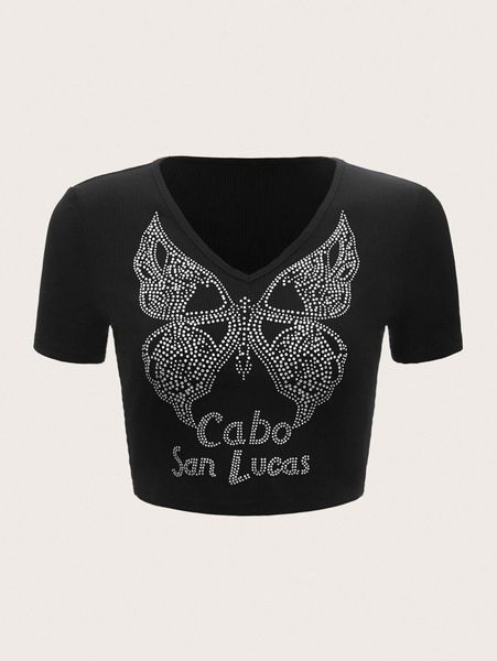 v-neck letter & butterfly rhinestone tee k2gv#, White 
v-neck letter & butterfly rhinestone tee k2gv#, White