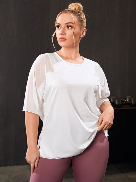 plus high stretch batwing sleeve contrast mesh sports tee z3ej#, Black