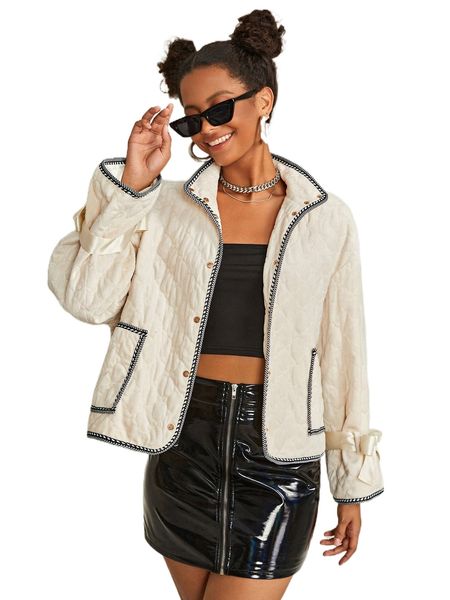 contrast trim belted cuff drop shoulder jacket r7pm#, Black;brown