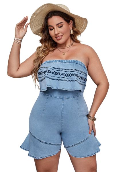 plus geo embroidery ruffle trim tube denim romper y6lh#, Black;white
plus geo embroidery ruffle trim tube denim romper y6lh#, Black;white