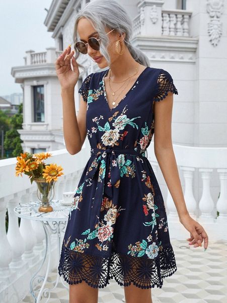 floral print contrast guipure lace belted dress n9ih#, Black;gray