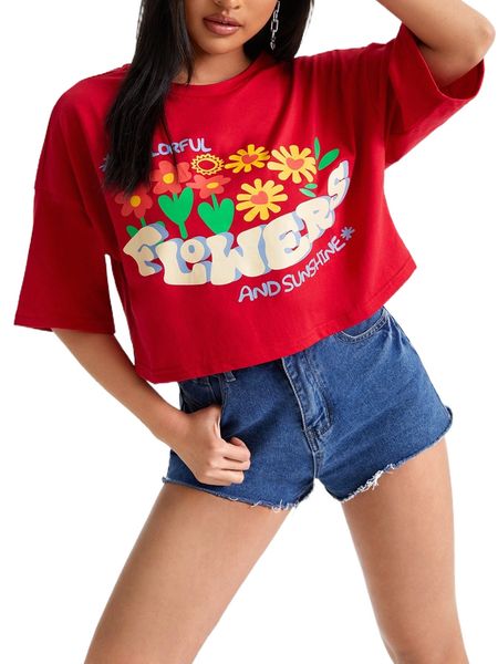 floral & slogan graphic drop shoulder tee a5i9#, White
floral & slogan graphic drop shoulder tee a5i9#, White