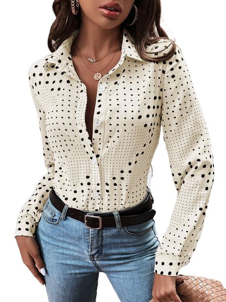 polka dot button up blouse h3ji#, White 
polka dot button up blouse h3ji#, White