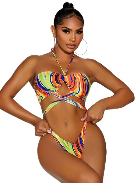 allover print wrap drawstring bikini swimsuit with beach skirt h2en#, White;black