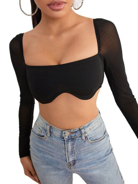 petite square neck sheer mesh sleeve asymmetrical hem d9d8#, White
petite square neck sheer mesh sleeve asymmetrical hem d9d8#, White