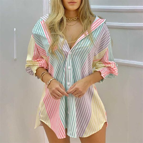 women fashion striped print shirt lady long sleeve blouse turn down collar ruched button design casual 210716, White
women fashion striped print shirt lady long sleeve blouse turn down collar ruched button design casual 210716, White