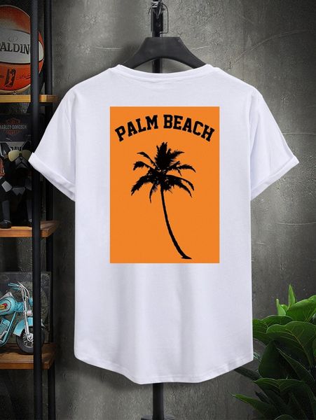 men letter & palm tree print curved hem tee l8ux#, White;black
