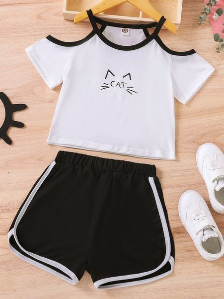 girls letter & cartoon graphic binding cold shoulder tee & shorts she, White
