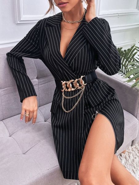 striped zipper detail blazer dress without belt p0u8#, White 
striped zipper detail blazer dress without belt p0u8#, White