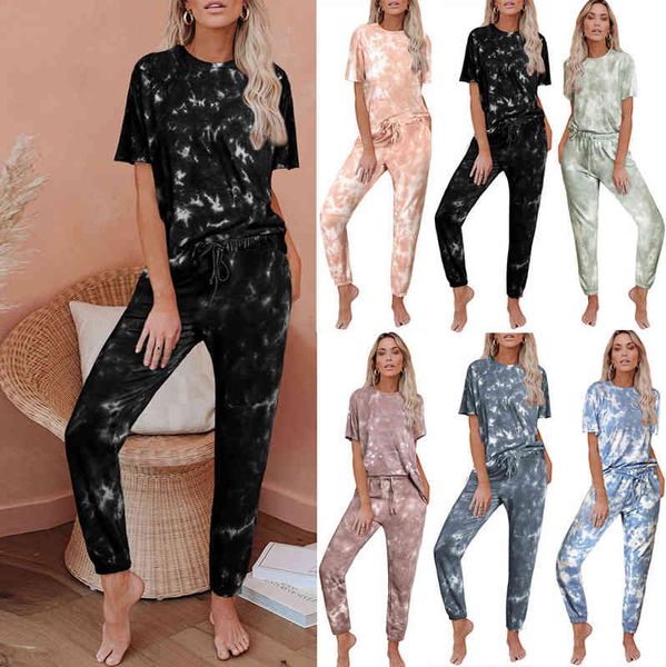 two piece dress tie dyed short sleeved pajamas women's loose color changing printing comfortable home clothes kci0, White
two piece dress tie dyed short sleeved pajamas women's loose color changing printing comfortable home clothes kci0, White