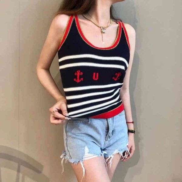 2022 summer new navy style metal wire collision trim slim knit striped vest women's wear, White
2022 summer new navy style metal wire collision trim slim knit striped vest women's wear, White