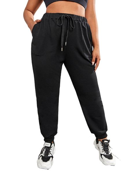 plus drawstring waist solid sports pants c300#, Black
