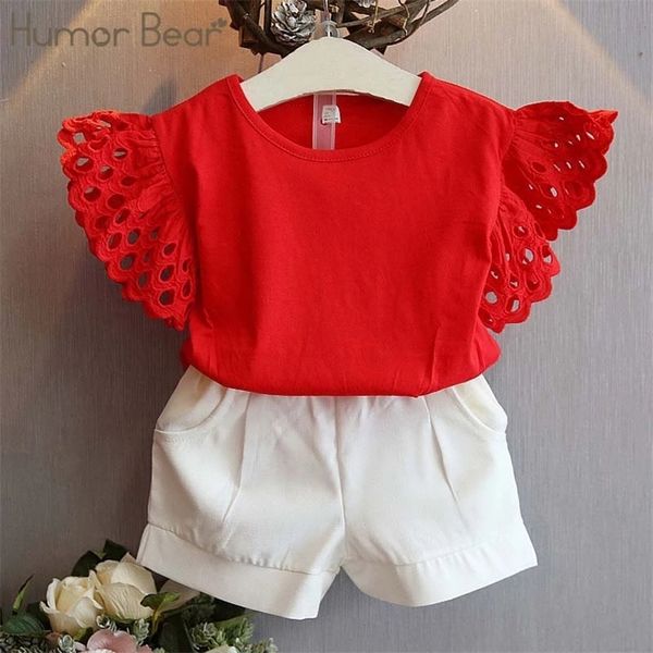humor bear girls clothing set summer flower hollow sleeve shorts kids suits 220617, White