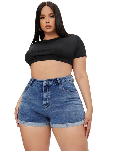 plus roll up hem denim shorts c8se#, White;black 
plus roll up hem denim shorts c8se#, White;black