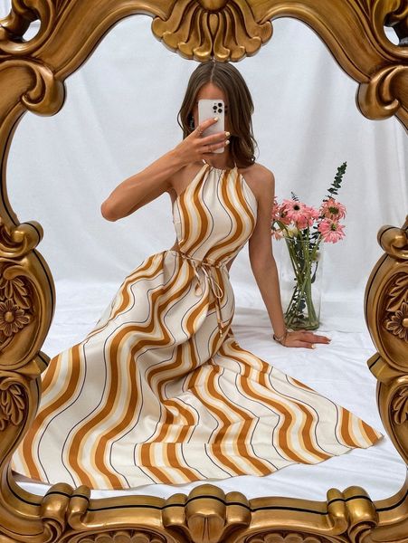 random allover print backless knot halter neck drawstring waist dress k20j#, Black;gray
random allover print backless knot halter neck drawstring waist dress k20j#, Black;gray