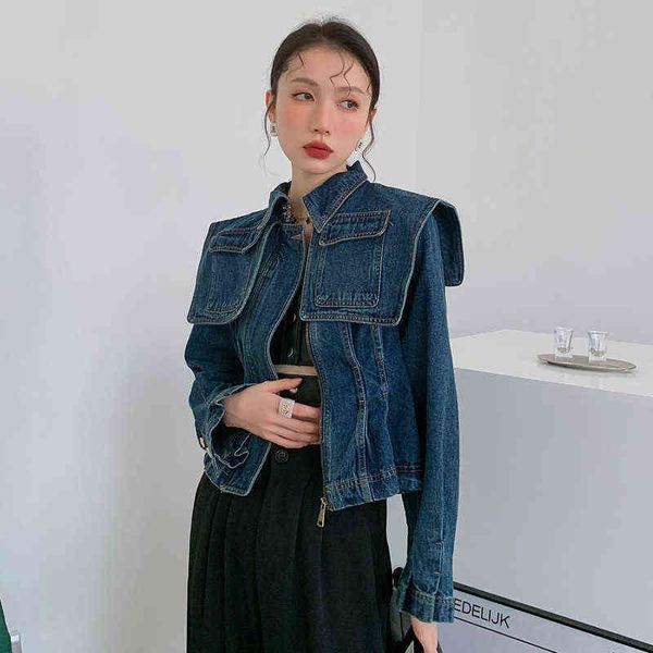 2022 spring new vintage pockets patchwork denim coat pleated slim wasit cape short jean jacket casual all-match woman coats l220714, Black;brown
2022 spring new vintage pockets patchwork denim coat pleated slim wasit cape short jean jacket casual all-match woman coats l220714, Black;brown