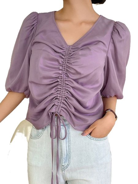 dazy drawstring puff sleeve blouse t91s#, White
dazy drawstring puff sleeve blouse t91s#, White