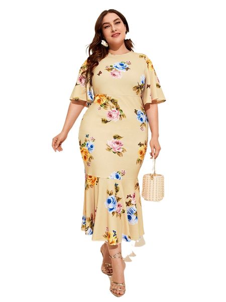 plus floral print flutter sleeve mermaid hem dress 81hd#, Black