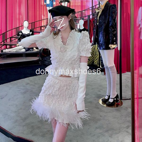 two piece dress texture sense wrinkle relief suit 21 autumn winter flounce flower short sleeved feather hip skirt, White
two piece dress texture sense wrinkle relief suit 21 autumn winter flounce flower short sleeved feather hip skirt, White