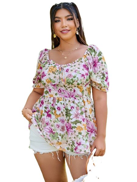 plus allover floral print knot front puff sleeve peplum blouse z6lh#, Black
plus allover floral print knot front puff sleeve peplum blouse z6lh#, Black