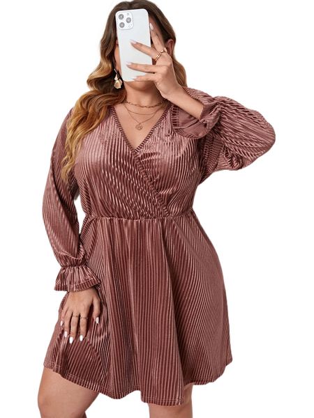 plus flounce sleeve velvet dress y6fd#, Black
