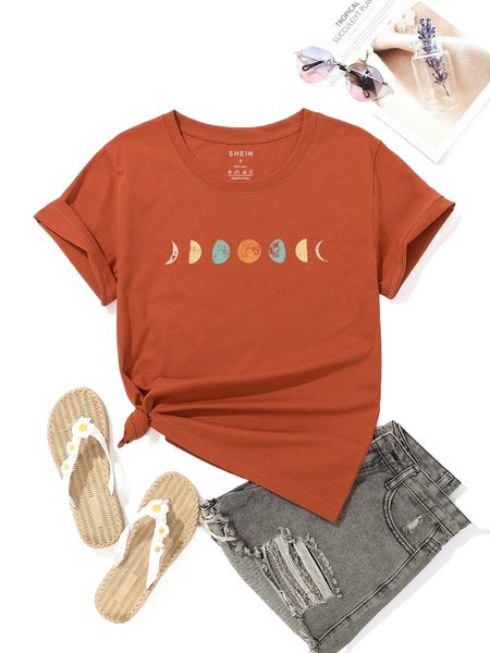 moon print round neck tee o7qs#, White