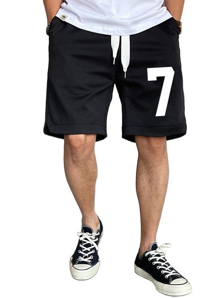 men number print drawstring waist shorts b47k#, White;black
men number print drawstring waist shorts b47k#, White;black