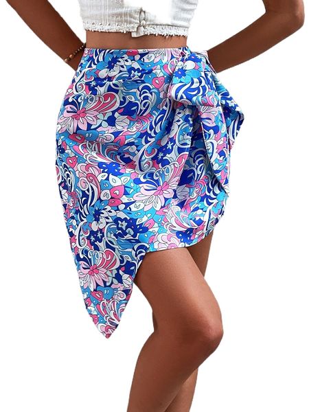 floral print asymmetric hem skirt m77u#, Black