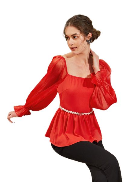 flounce sleeve peplum without belt 16p5#, White 
flounce sleeve peplum without belt 16p5#, White