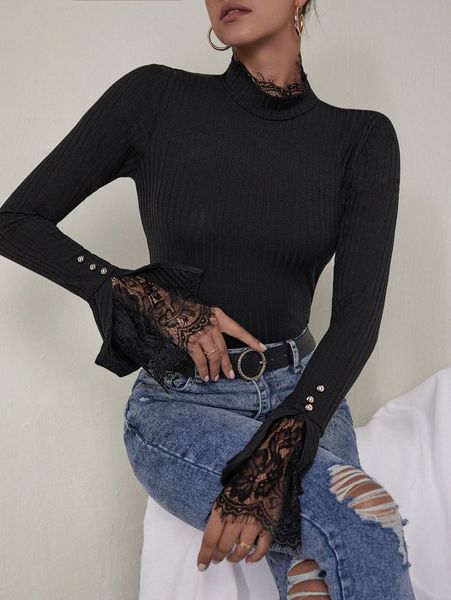 mock neck lace trim split sleeve slim tee c6hb#, White