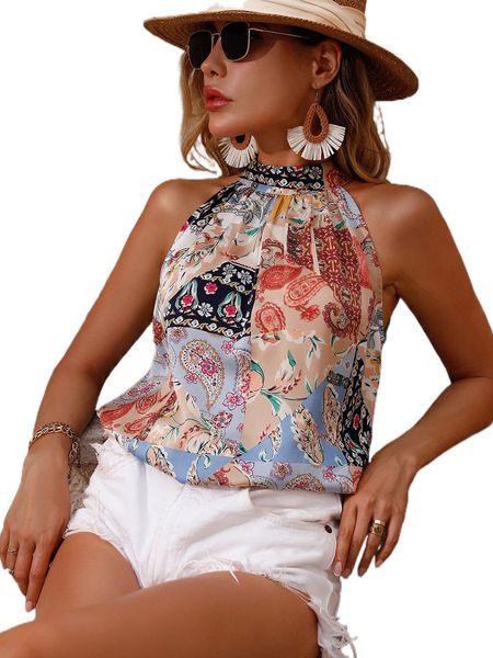 patchwork keyhole back halter blouse 56tk#, White 
patchwork keyhole back halter blouse 56tk#, White