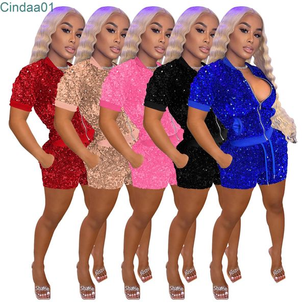 2022 summer woman sequin short tracksuits nightclub style short sleeve zipper jackets shorts set 2 piece sportwear, Gray
2022 summer woman sequin short tracksuits nightclub style short sleeve zipper jackets shorts set 2 piece sportwear, Gray