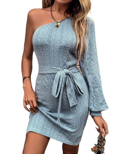 one shoulder belted dress t1nu#, Black;gray