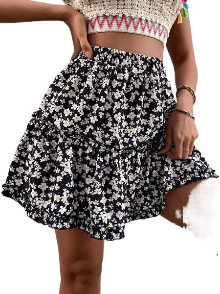 high waist floral print ruffle hem skirt x0s1#, Black