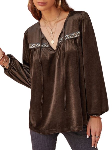 rusttydustty contrast plant tape tie neck lantern sleeve velvet blouse j2l1#, White 
rusttydustty contrast plant tape tie neck lantern sleeve velvet blouse j2l1#, White