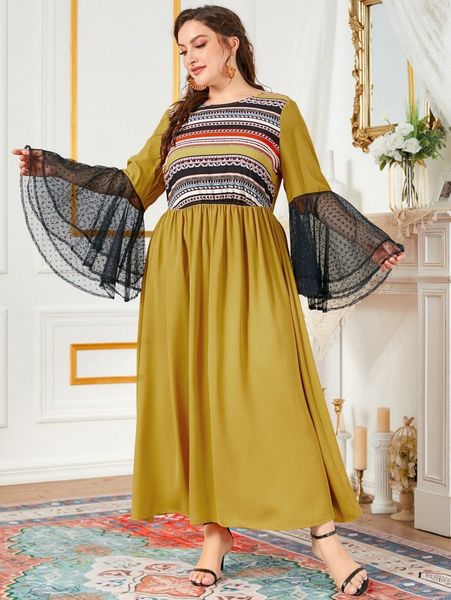 plus geo print contrast dobby mesh flounce sleeve dress q875#, Black
plus geo print contrast dobby mesh flounce sleeve dress q875#, Black