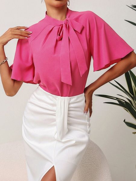 butterfly sleeve tie neck blouse 24hj#, White