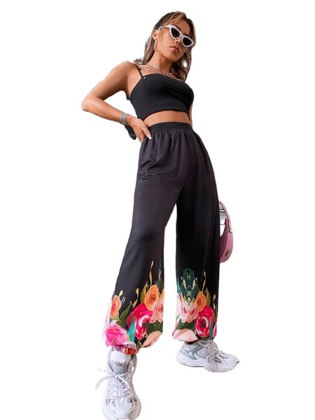 floral print elastic waist sweatpants q0lc#, Black;white
