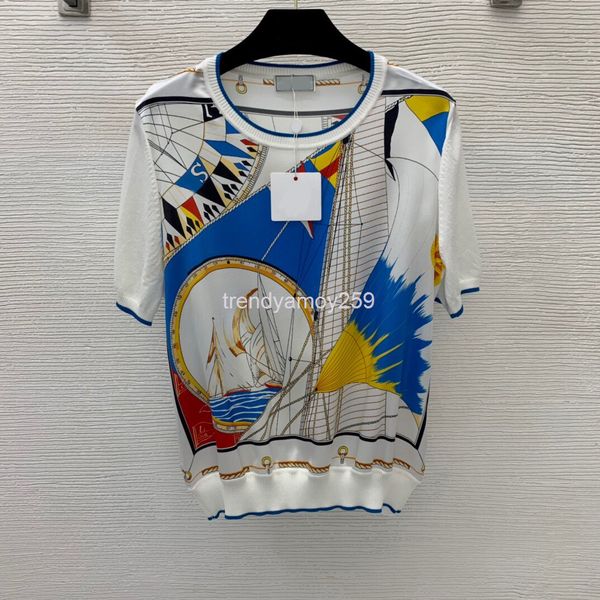 women's t-shirt sailboat print elastic satin silk fabric stitched knit short sleeve crew neck top, White
women's t-shirt sailboat print elastic satin silk fabric stitched knit short sleeve crew neck top, White