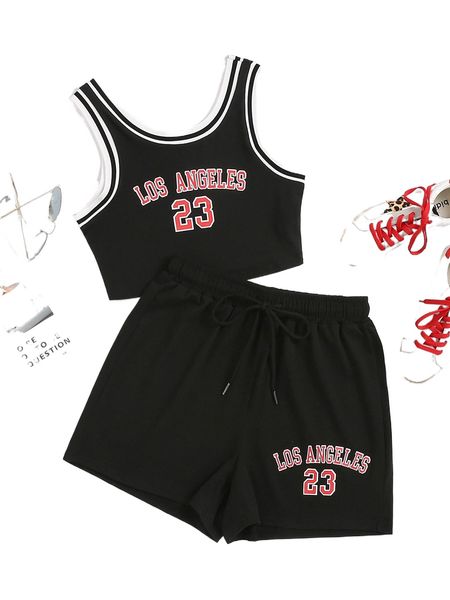 number & letter graphic tank & drawstring waist track shorts 07e9#, White
number & letter graphic tank & drawstring waist track shorts 07e9#, White