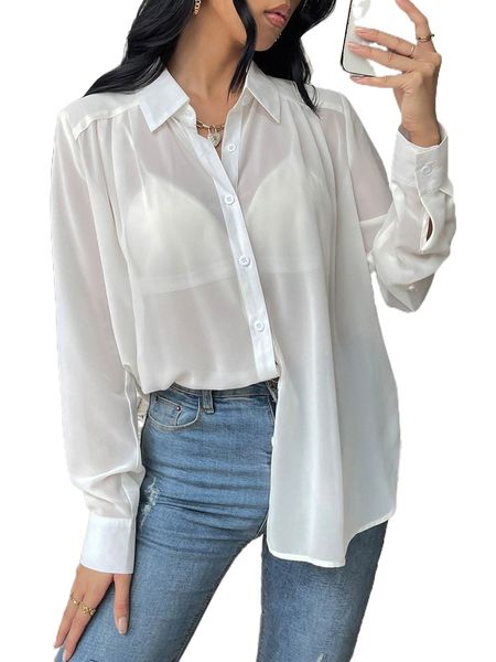 solid button front sheer shirt e3b3#, White
solid button front sheer shirt e3b3#, White