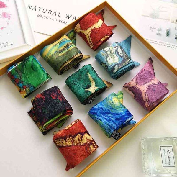 designer silk head bag hair scarf van gogh oil painting summer french lazy scarf hair band small long strip thin narrow scarf handle bag wra, Blue;gray
designer silk head bag hair scarf van gogh oil painting summer french lazy scarf hair band small long strip thin narrow scarf handle bag wra, Blue;gray