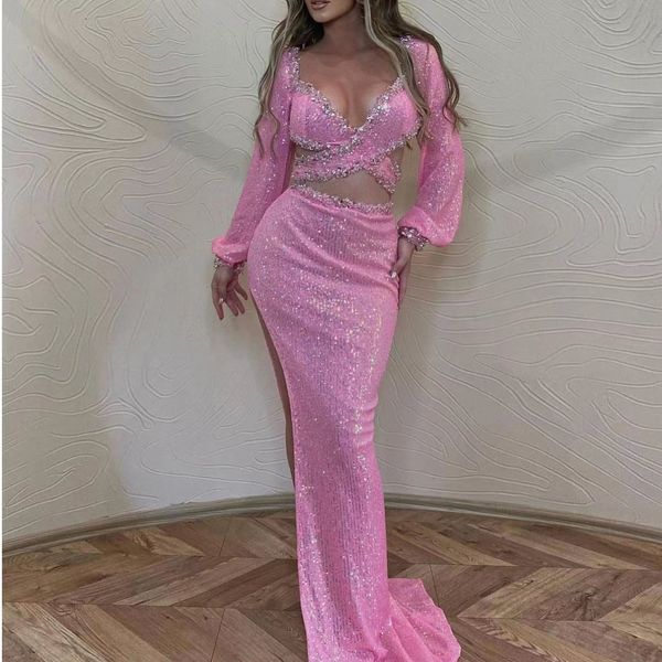 sparkly sequin mermaid prom dress for women long sleeve v-neck high split sweep train celebrity party evening gowns vestidos de gala, Black
sparkly sequin mermaid prom dress for women long sleeve v-neck high split sweep train celebrity party evening gowns vestidos de gala, Black