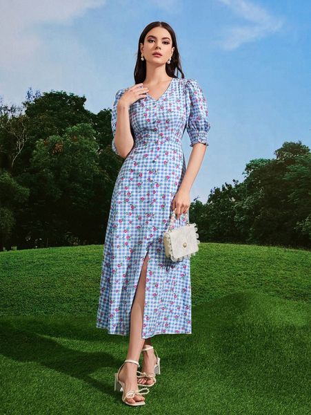 floral & gingham print shirred cuff puff sleeve split hem dress u97e#, Black;gray