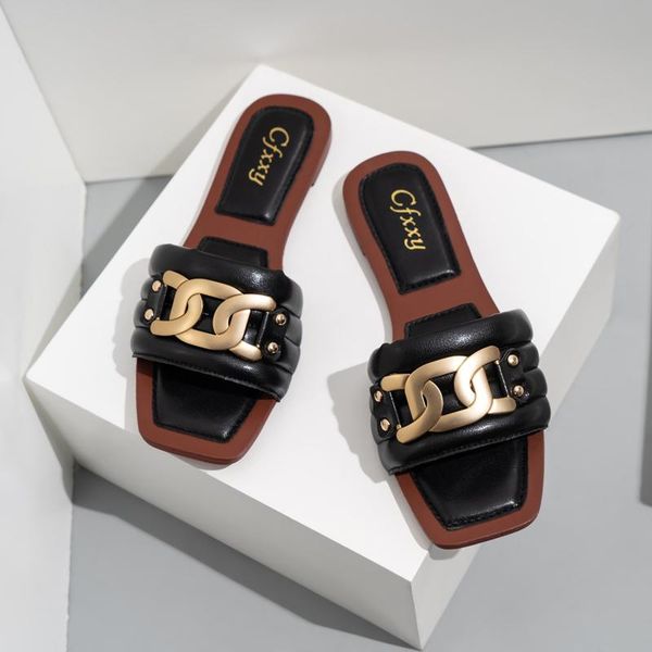 slippers women's outer wear 2022 metal buckle flat shoes fashion summer word flat-heeled flip-flops slider, Black
slippers women's outer wear 2022 metal buckle flat shoes fashion summer word flat-heeled flip-flops slider, Black