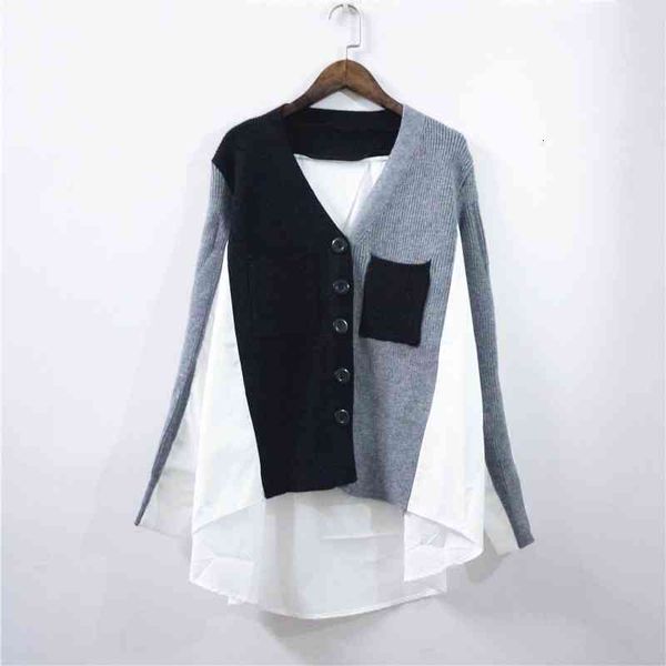 women's knits tees korean women's wear contrast color v-neck loose front short back long shirt fabric thin sleeved knitted cardiga, White 
women's knits tees korean women's wear contrast color v-neck loose front short back long shirt fabric thin sleeved knitted cardiga, White