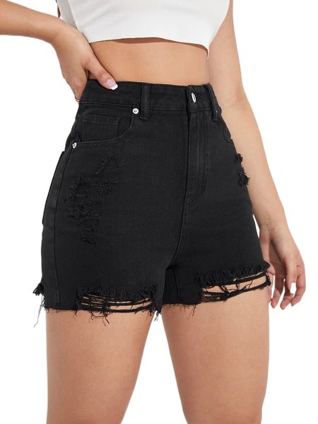 high waist ripped frayed hem denim shorts m9hx#, White;black