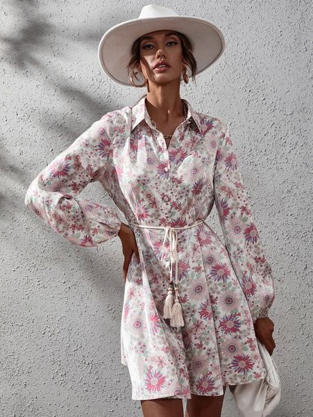 floral print belted button through dress s40u#, Black;gray 
floral print belted button through dress s40u#, Black;gray