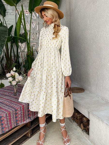 gold dot print mock neck ruffle hem dress b6i5#, Black;gray
gold dot print mock neck ruffle hem dress b6i5#, Black;gray