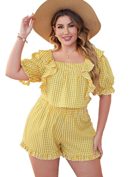 plus gingham ruffle trim square neck puff sleeve & shorts 30tu#, Black
plus gingham ruffle trim square neck puff sleeve & shorts 30tu#, Black